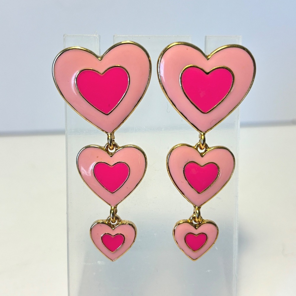 BaubleBar Pink Triple Heart Drop Earrings Gold Tone Post Dangle‎ Barbiecore 2"